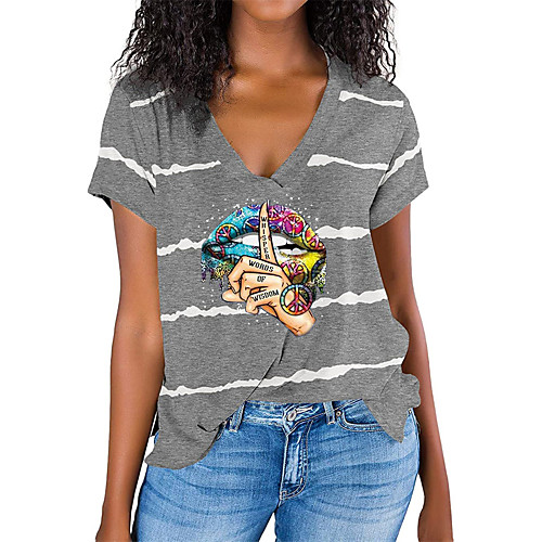 Women's T shirt Striped Graphic Mouth Print V Neck Basic Tops Fuchsia Gray Black
Women's T shirt Striped Graphic Mouth Print V Neck Basic Tops Fuchsia Gray Black