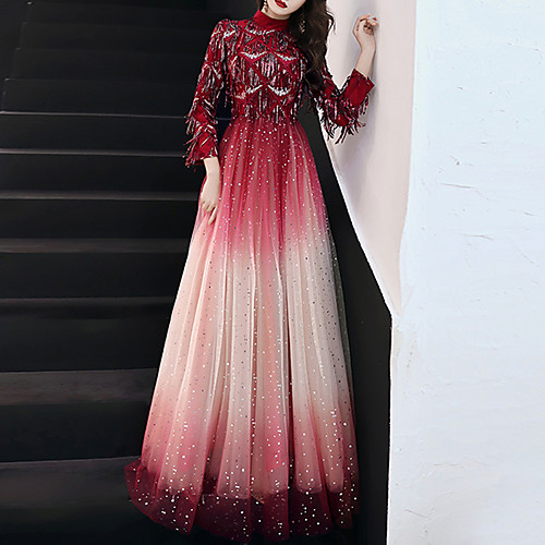 A-Line Glittering Gradient Engagement Formal Evening Dress High Neck 3/4 Length Sleeve Floor Length Tulle Sequined with Sequin Tassel 2021
A-Line Glittering Gradient Engagement Formal Evening Dress High Neck 3/4 Length Sleeve Floor Length Tulle Sequined with Sequin Tassel 2021