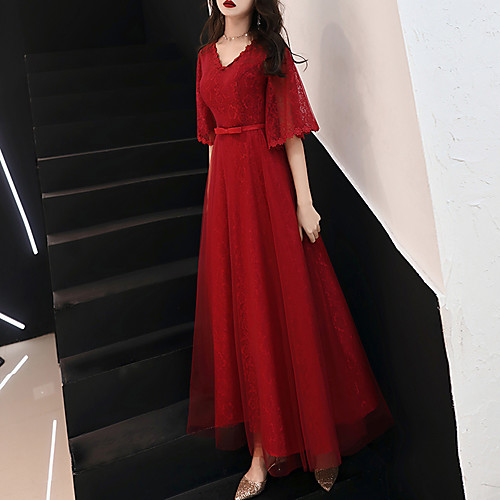 A-Line Minimalist Elegant Engagement Formal Evening Dress V Neck Half Sleeve Floor Length Lace Tulle with Bow(s) Lace Insert 2021
A-Line Minimalist Elegant Engagement Formal Evening Dress V Neck Half Sleeve Floor Length Lace Tulle with Bow(s) Lace Insert 2021