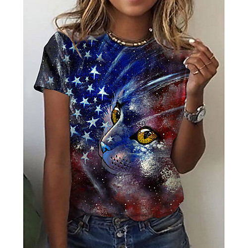 Women's Cat Painting T shirt Cat Geometric American Flag Print Round Neck Basic Tops Blue
Women's Cat Painting T shirt Cat Geometric American Flag Print Round Neck Basic Tops Blue
