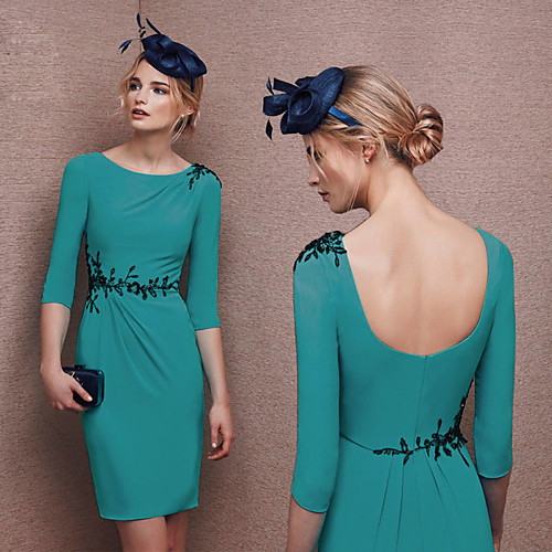 Sheath / Column Elegant Wedding Guest Cocktail Party Dress Jewel Neck Half Sleeve Knee Length Polyester with Appliques 2021
Sheath / Column Elegant Wedding Guest Cocktail Party Dress Jewel Neck Half Sleeve Knee Length Polyester with Appliques 2021