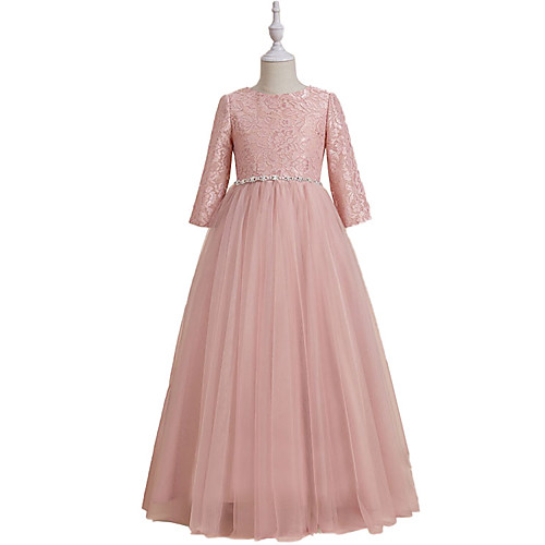 

A-Line Floor Length Flower Girl Dresses Party Chiffon Long Sleeve Jewel Neck with Appliques
