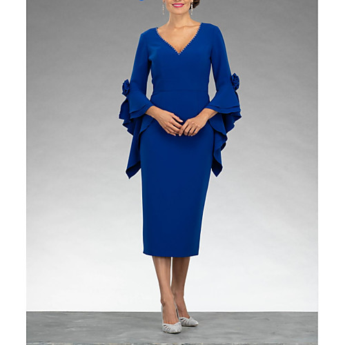 Sheath / Column Mother of the Bride Dress Elegant V Neck Tea Length Chiffon 3/4 Length Sleeve with Beading Ruffles Appliques 2021
Sheath / Column Mother of the Bride Dress Elegant V Neck Tea Length Chiffon 3/4 Length Sleeve with Beading Ruffles Appliques 2021