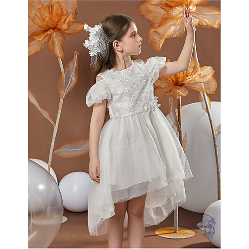 

A-Line Asymmetrical Flower Girl Dresses Wedding Tulle Short Sleeve Jewel Neck with Pattern / Print