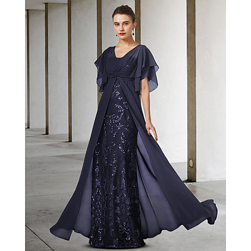 Sheath / Column Mother of the Bride Dress Elegant V Neck Floor Length Lace Sequined Short Sleeve with Appliques 2021
Sheath / Column Mother of the Bride Dress Elegant V Neck Floor Length Lace Sequined Short Sleeve with Appliques 2021