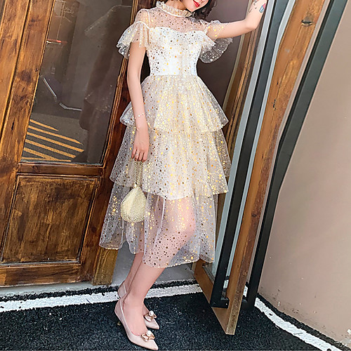 A-Line Glittering Elegant Homecoming Cocktail Party Dress High Neck Short Sleeve Tea Length Tulle with Sequin Tier Appliques 2021 
A-Line Glittering Elegant Homecoming Cocktail Party Dress High Neck Short Sleeve Tea Length Tulle with Sequin Tier Appliques 2021