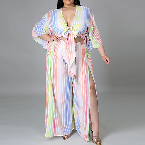 Women's Plus Size Tops Set Striped Print 3/4 Length Sleeve V Neck Streetwear Summer Rainbow Big Size XL XXL 3XL 4XL 5XL
Women's Plus Size Tops Set Striped Print 3/4 Length Sleeve V Neck Streetwear Summer Rainbow Big Size XL XXL 3XL 4XL 5XL