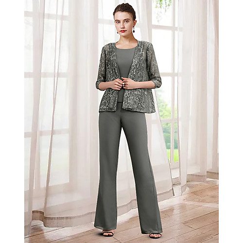 Two Piece Pantsuit / Jumpsuit Mother of the Bride Dress Elegant Jewel Neck Floor Length Chiffon Lace 3/4 Length Sleeve with Appliques 2021
Two Piece Pantsuit / Jumpsuit Mother of the Bride Dress Elegant Jewel Neck Floor Length Chiffon Lace 3/4 Length Sleeve with Appliques 2021