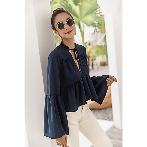 Women's Blouse Shirt Plain Long Sleeve Lace up Ruffle V Neck Basic Streetwear Tops Navy Blue
Women's Blouse Shirt Plain Long Sleeve Lace up Ruffle V Neck Basic Streetwear Tops Navy Blue
