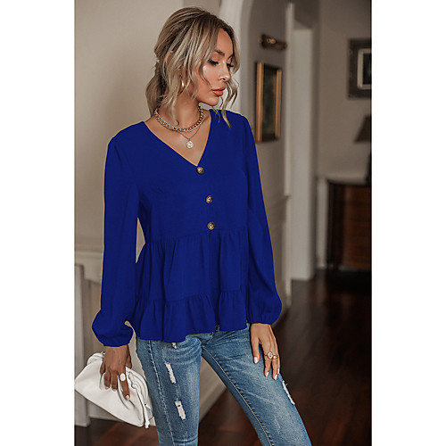 Women's Blouse Shirt Plain Long Sleeve Ruffle Button V Neck Basic Streetwear Tops Blue
Women's Blouse Shirt Plain Long Sleeve Ruffle Button V Neck Basic Streetwear Tops Blue