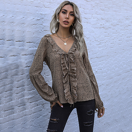 Women's Blouse Shirt Leopard Long Sleeve Ruffle Print V Neck Basic Streetwear Tops Khaki
Women's Blouse Shirt Leopard Long Sleeve Ruffle Print V Neck Basic Streetwear Tops Khaki