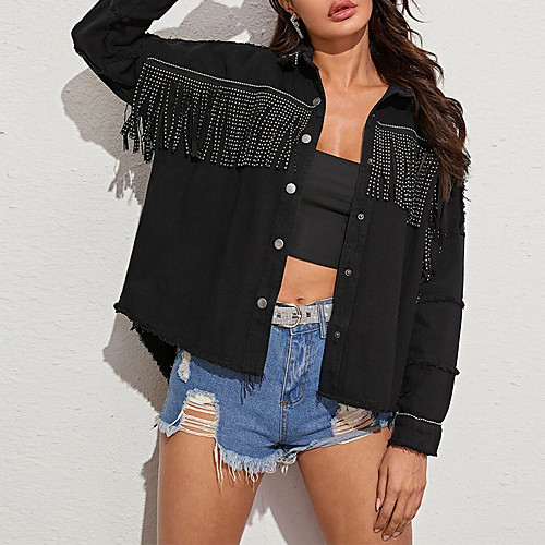Women's Denim Jacket Daily Fall & Winter Regular Coat Loose Basic Jacket Long Sleeve Solid Colored Tassel Fringe Black / Rivet
Women's Denim Jacket Daily Fall & Winter Regular Coat Loose Basic Jacket Long Sleeve Solid Colored Tassel Fringe Black / Rivet