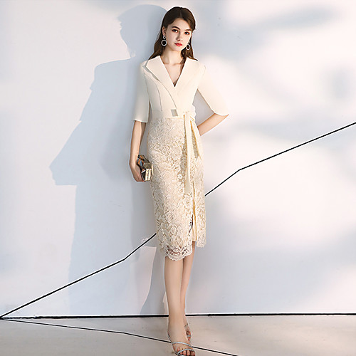 Sheath / Column Elegant bodycon Homecoming Cocktail Party Dress V Neck Half Sleeve Knee Length Lace Stretch Fabric with Sash / Ribbon 2021
Sheath / Column Elegant bodycon Homecoming Cocktail Party Dress V Neck Half Sleeve Knee Length Lace Stretch Fabric with Sash / Ribbon 2021