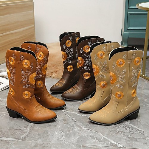 Women's Boots Cowboy Boots Chunky Heel Pointed Toe Mid Calf Boots PU Floral Solid Colored Camel Dark Brown Coffee
Women's Boots Cowboy Boots Chunky Heel Pointed Toe Mid Calf Boots PU Floral Solid Colored Camel Dark Brown Coffee