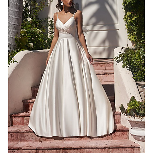 A-Line Wedding Dresses V Neck Spaghetti Strap Sweep / Brush Train Satin Sleeveless Simple Vintage with Pleats 2021
A-Line Wedding Dresses V Neck Spaghetti Strap Sweep / Brush Train Satin Sleeveless Simple Vintage with Pleats 2021
