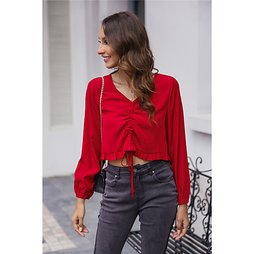 Women's Crop Top Blouse Shirt Plain Long Sleeve Drawstring Ruffle V Neck Basic Streetwear Tops Red
Women's Crop Top Blouse Shirt Plain Long Sleeve Drawstring Ruffle V Neck Basic Streetwear Tops Red