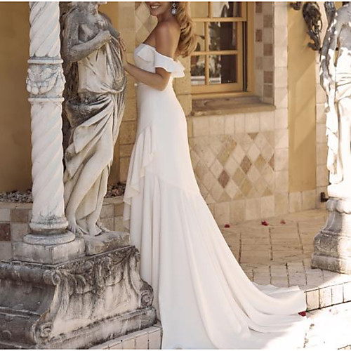A-Line Wedding Dresses Off Shoulder Court Train Asymmetrical Stretch Fabric Sleeveless Simple Vintage Sexy with Bow(s) Ruffles 2021
A-Line Wedding Dresses Off Shoulder Court Train Asymmetrical Stretch Fabric Sleeveless Simple Vintage Sexy with Bow(s) Ruffles 2021