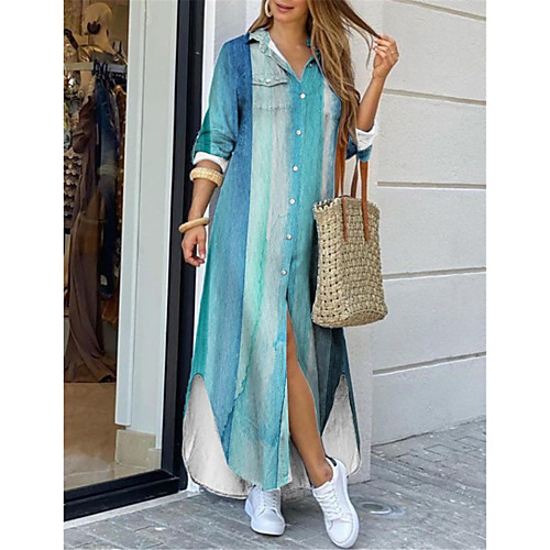 Women's Shirt Dress Maxi long Dress Light Blue Long Sleeve Striped Color Gradient Print Spring Summer Shirt Collar Casual 2021 S M L XL XXL 3XL
Women's Shirt Dress Maxi long Dress Light Blue Long Sleeve Striped Color Gradient Print Spring Summer Shirt Collar Casual 2021 S M L XL XXL 3XL