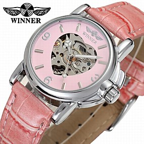 baratos Relógios Mecânicos-WINNER Mulheres Relógio Elegante Relógio Esqueleto Relógio de Pulso Automático - da corda automáticamente Couro Preta / Azul / Rosa 30 m Gravação Oca Analógico senhoras Elegante Colorido - Branco