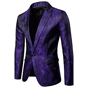 baratos É Noite de Festa-Homens Festa / Diário / Roupa Diária Sofisticado Primavera / Outono Padrão Terno, Sólido / Floral Colarinho de Camisa Manga Longa Poliéster / Elastano Preto / Branco / Roxo / Delgado