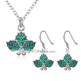 baratos Bijuterias Natalinas-Mulheres Zircônia Cubica Conjunto de Jóias Formato de Folha senhoras Fashion Zircão Prata Chapeada Brincos Jóias Verde Para Natal Ano Novo