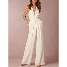 baratos Macacões &amp; Macaquinhos-Mulheres Perna larga Frente Única Kentucky Derby Diário Sensual Nadador Preto Branco Vermelho Perna larga Macacão Pijama Macacão, Sólido Frente Única S M L Algodão Sem Manga Verão