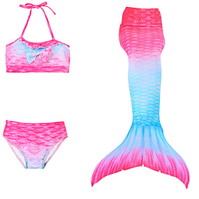 baratos Roupas de Banho para Meninas-Infantil Para Meninas Activo Estilo bonito Cauda de Sereia Estampa Colorida Arco-Íris Frente Única Cordões Sem Manga Roupa de Banho Azul Claro