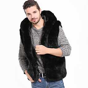 baratos Casacos de Inverno-Homens Feriado / Para Noite Básico / Moda de Rua Primavera / Inverno / Outono &amp; inverno Padrão Colete, Sólido Com Capuz Sem Manga Pêlo Sintético Preto