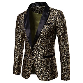 baratos É Noite de Festa-Homens Festa / Bandagem Luxo / Vintage Primavera / Outono / Inverno Padrão Terno, Floral Lapela Chanfrada Manga Longa Poliéster Jacquard Dourado / Branco / Preto