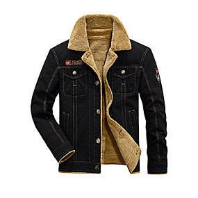 baratos Roupa de Exterior de Homem-Homens Diário Básico Inverno Padrão Jaqueta, Sólido Gola Dobrada Manga Longa Pêlo Sintético / Poliéster Preto / Verde / Khaki