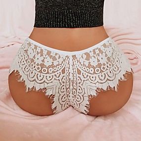 baratos Roupa de Mulher-Mulheres Renda Sexy Tanga &amp; Fio Dental / Slip - Tamanhos Grandes, Sólido Cintura Média Preto Branco S M L