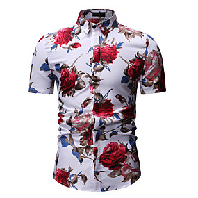 baratos $3.99-Homens Floral Estampado Camisa Social Colarinho Clássico Branco / Preto / Manga Curta