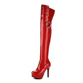 baratos Sapatos Femininos-Mulheres Botas Botas no joelho Salto Agulha Ponta Redonda Couro Envernizado Botas Acima do Joelho Clássico Primavera &amp; Outono Preto / Branco / Vermelho / Casamento / Festas &amp; Noite