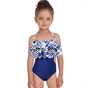baratos Roupas de Banho para Meninas-Infantil Bébé Para Meninas Básico Estilo bonito Esportes Praia Floral Frufru Estampado Sem Manga Roupa de Banho Azul