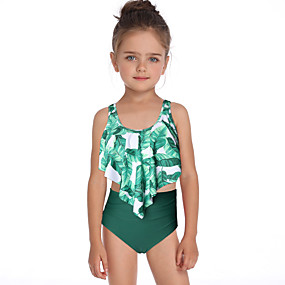 baratos Roupas de Banho para Meninas-Infantil Bébé Para Meninas Básico Estilo bonito Esportes Praia Floral Frufru Estampado Sem Manga Roupa de Banho Verde