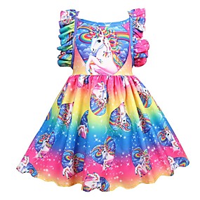 baratos Ano Novo 2020-Infantil Para Meninas Activo Feriado Unicorn Retalhos Pregueado Sem Manga Altura dos Joelhos Vestido Arco-íris