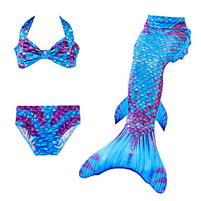 baratos Roupas de Banho para Meninas-Infantil Para Meninas Activo Cauda de Sereia Pequena Sereia Estampa Colorida Sem Manga Roupa de Banho Azul