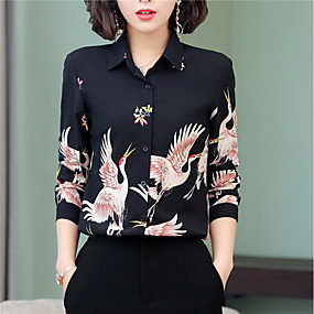 baratos Blusas Femininas-Mulheres Animal Estampado Delgado Camisa Social Colarinho de Camisa Preto / Azul