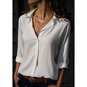baratos Blusas Femininas-Mulheres Sólido Camisa Social Colarinho de Camisa Branco / Preto / Azul / Vermelho / Amarelo / Verde / Azul Marinha / Cinzento