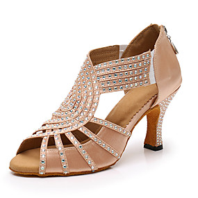 baratos Sapatos de Dança-Mulheres Sapatos de Dança Latina Cetim zíper Salto Gliter com Brilho / Detalhes em Cristal Salto Carretel Personalizável Sapatos de Dança Amêndoa / Preto / Espetáculo / Couro / Ensaio / Prática