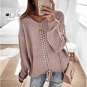 baratos Suéteres de Mulher-Mulheres Casual Tricotado Sólido Manga Longa Pulôver Camisola Jumper, Decote V Primavera / Outono Vermelho / Azul Marinha / Cinzento S / M / L