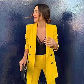 baratos Blazeres &amp; Jaquetas Femininas-Mulheres Terno Lapela Xale Poliéster Amarelo