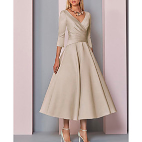 baratos Loja de Casamentos-Linha A Decote mergulhador Até o Tornozelo Cetim Vestido Para Mãe dos Noivos com Pregas de LAN TING Express