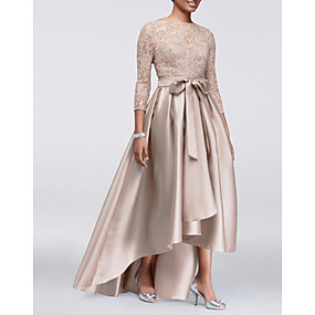 baratos Loja de Casamentos-Linha A Decorado com Bijuteria Assimétrico Renda / Cetim Vestido Para Mãe dos Noivos com Laço(s) / Pregas de LAN TING Express