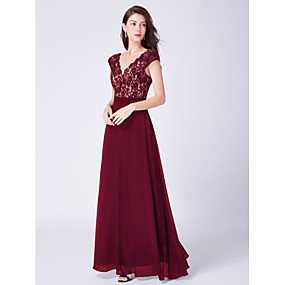 baratos Novidades-Linha A Decote V Longo Chiffon / Renda Costas Lindas Evento Formal Vestido com Pregas / Aplicação de renda de LAN TING Express