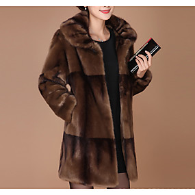baratos Pêlos e Couro Femininos-Mulheres Diário Básico Tamanhos Grandes Padrão Casaco De Pele De Falso, Sólido Aberto para a Lateral Manga Longa Pêlo Sintético Vermelho / Marron