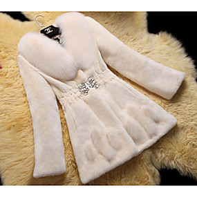 baratos Pêlos e Couro Femininos-Mulheres Diário Outono &amp; inverno Padrão Casaco De Pele De Falso, Sólido Gola Enrolada Manga 3/4 / Manga Longa Pêlo Sintético Preto / Vinho / Branco