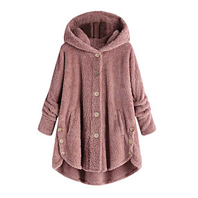 baratos Trench Coats e Casacos Femininos-Mulheres Diário Outono &amp; inverno Padrão Casaco, Sólido Com Capuz Manga Longa Poliéster Vinho / Castanho Claro / Cinza Claro
