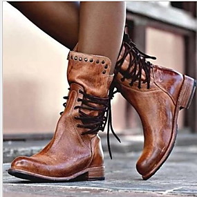 baratos Sapatos Femininos-Mulheres Botas Sapatos Confortáveis Sem Salto Ponta Redonda Couro Ecológico Botas Cano Médio Outono &amp; inverno Preto / Marron / Cinzento