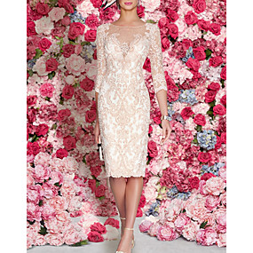 baratos Loja de Casamentos-Tubinho Bateau Neck Até os Joelhos Renda Vestido Para Mãe dos Noivos com Miçangas / Renda de LAN TING Express / Brilho &amp; Glitter